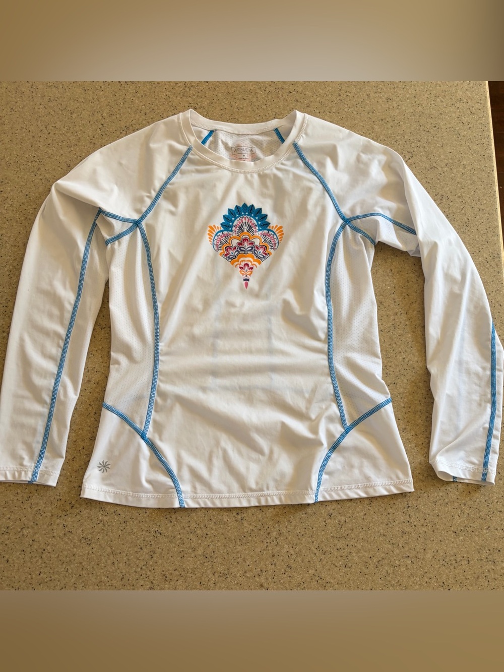 Athleta Women’s White Long-Sleeve Swim Shirt Rashguard with Colorful Medallion